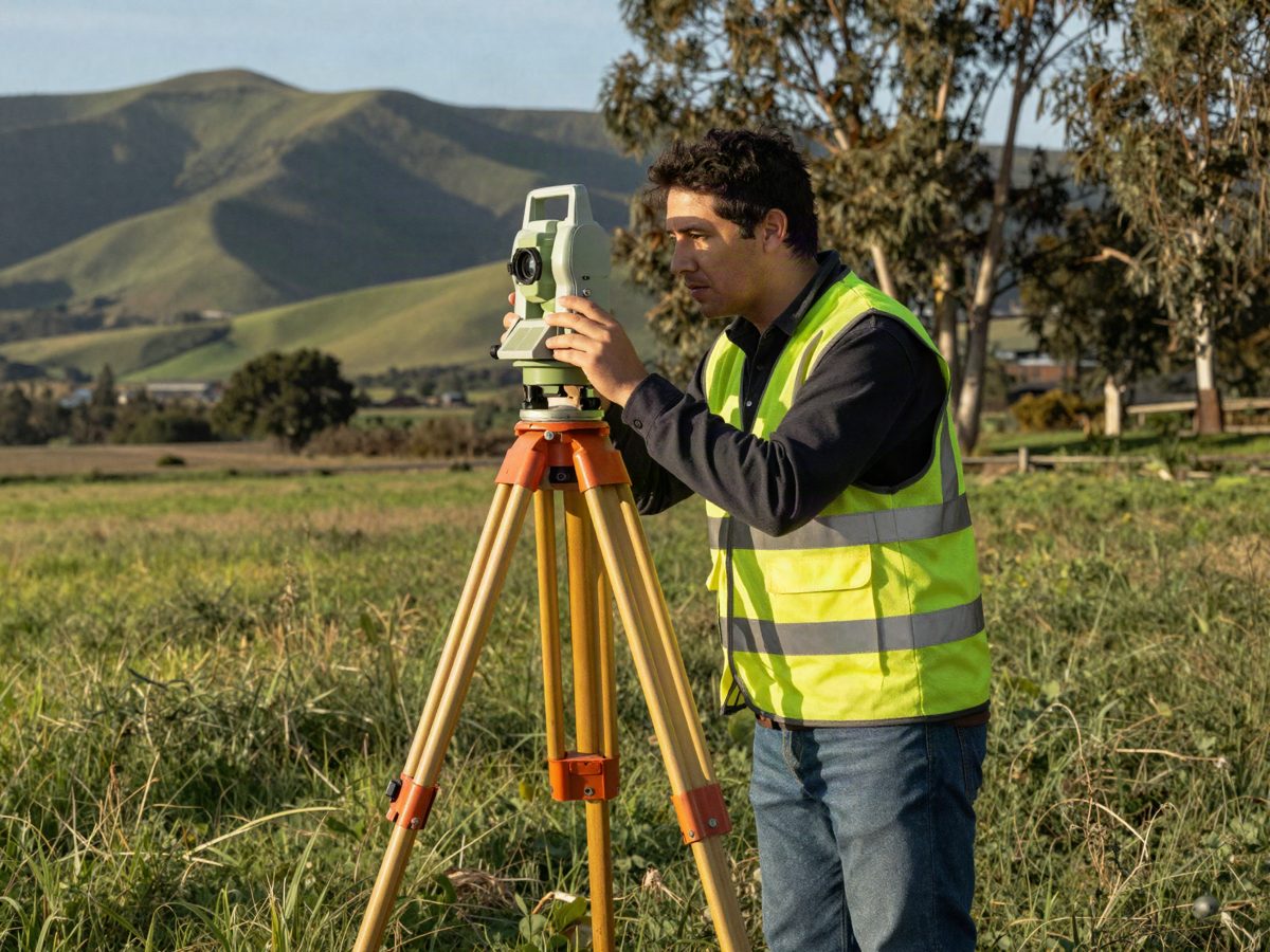 Topógrafo operando estación total en terreno rural