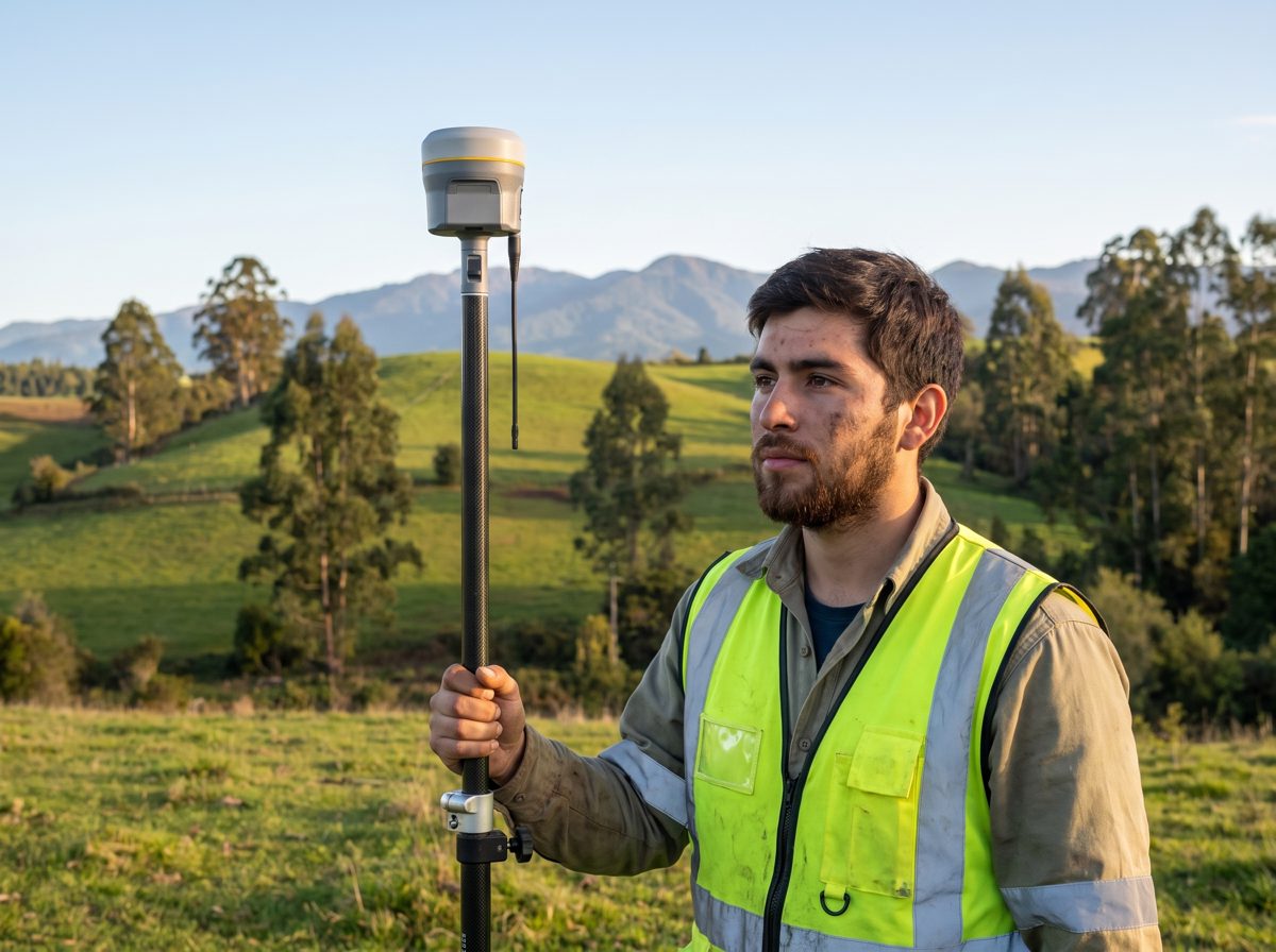 Topógrafo utilizando equipo GPS GNSS RTK con controlador en terreno